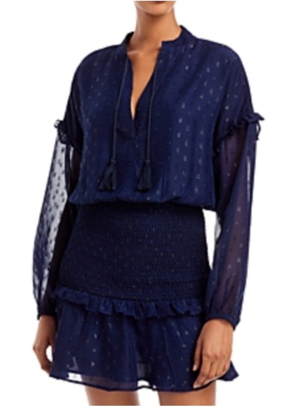 Aqua Foil Print Smocked Waist Mini Dress in Navy Blue - Like New